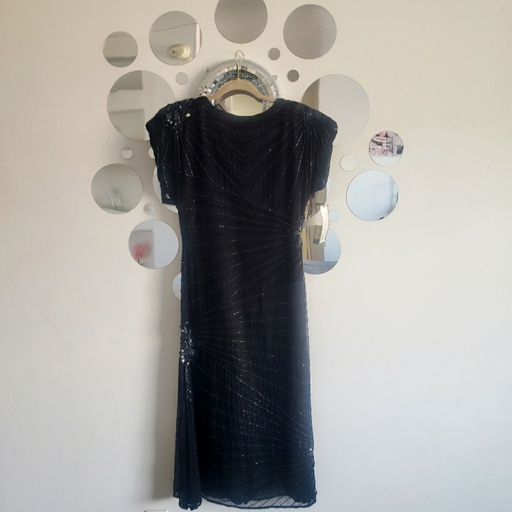 Vintage 1980's Silk, Beaded Laurence Kazar Midi Dress, Women's Petite Small